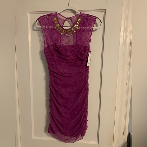 bebe Dresses & Skirts - Purple mini dress with neck embellishments